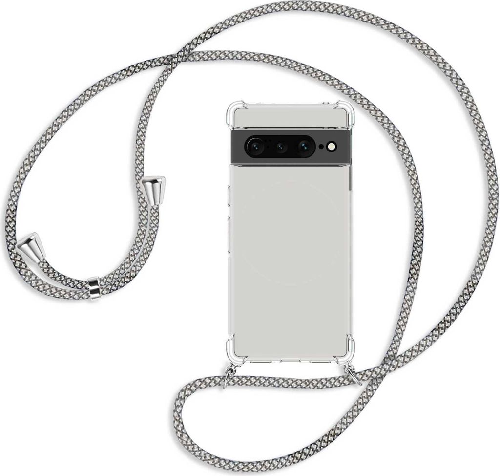 Handykette Backcover-Schutzhülle mit Band (Metall silberfarben) für Google Pixel 7 Pro - weiß/grau kariert