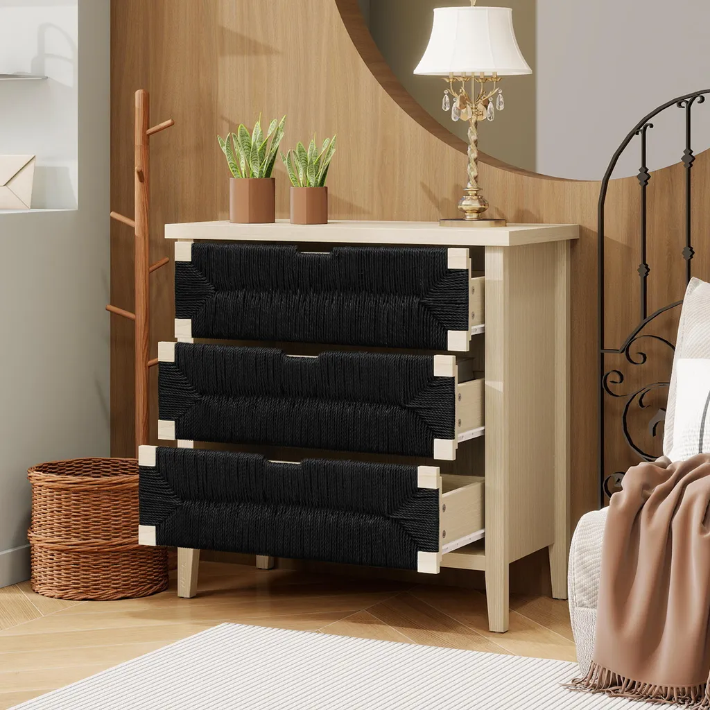 Table de nuit boho avec 3 tiroirs et cadre bois naturel aspect corde noire