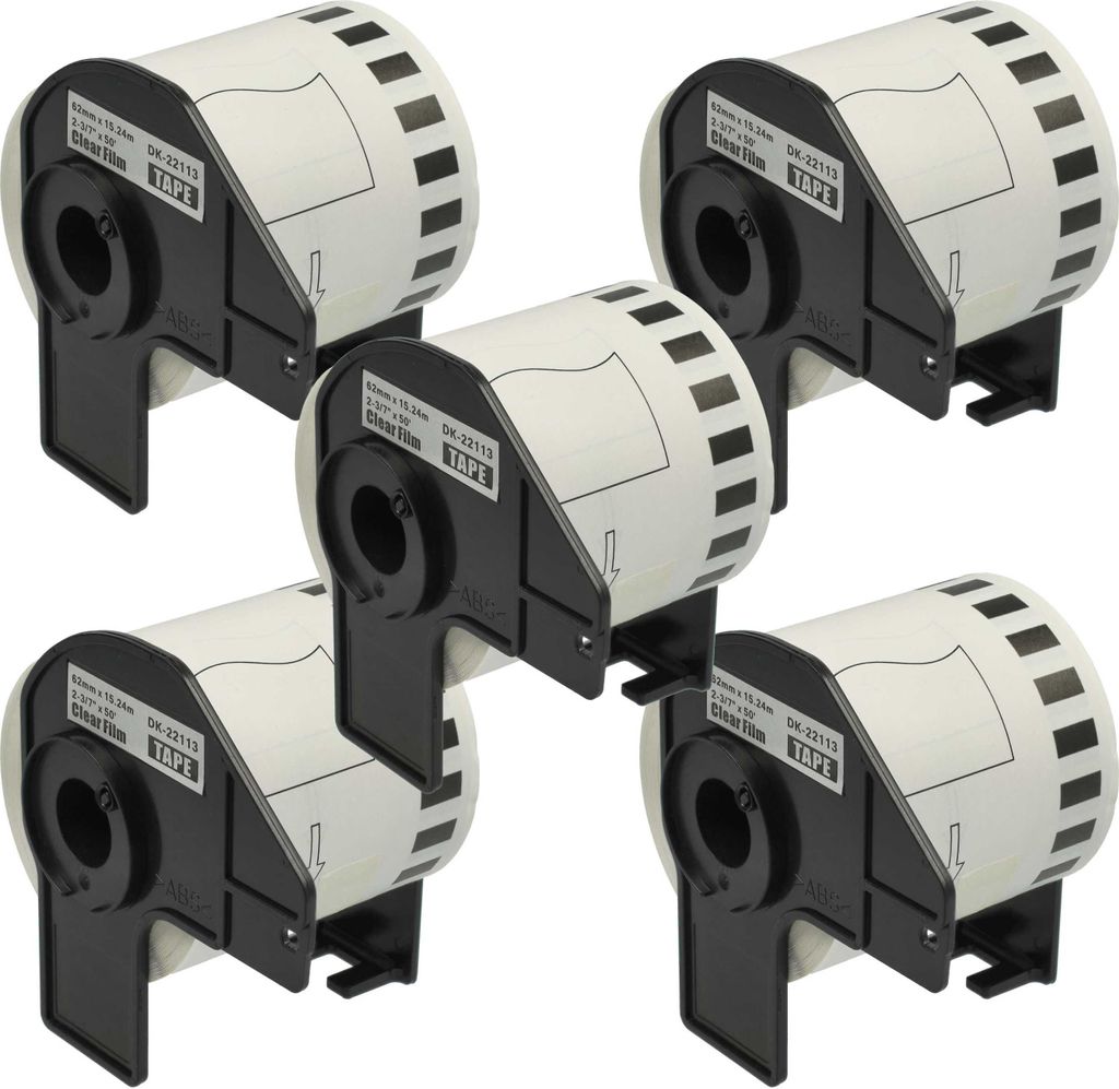 vhbw 5x Rolle mit Halter 62mm x 15,24m kompatibel mit Brother P-Touch QL 600 G, QL 650 TD, QL 600 R Drucker - Selbstklebend Schwarz Transparent