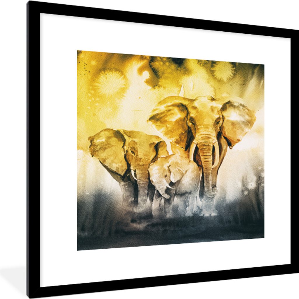 MuchoWow MuchoWow Gerahmtes Poster Elefant - Familie - Aquarell 40x40 cm - Poster mit zchwarzem Bilderrahmen - Poster - Plakat im Rahmen