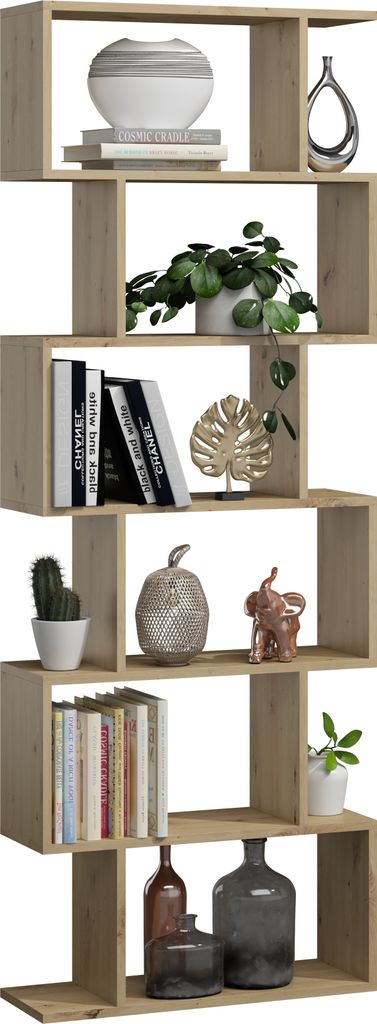 A multi-shelf wooden bookcase filled with various decorative items and books.