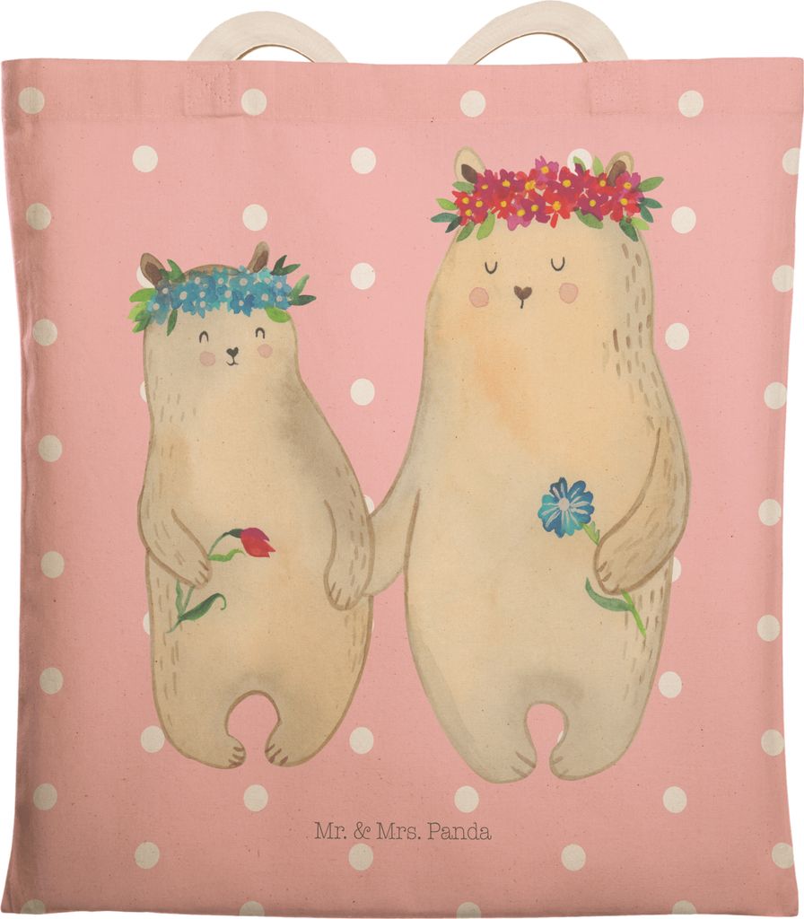 Mr. & Mrs. Panda Tote Bag Bären mit Blumenkranz - Rot Pastell - Geschenk, Tragetasche, shopping, Tasche, Kinder, Muttertag, Mama, Familie, Beutel,...