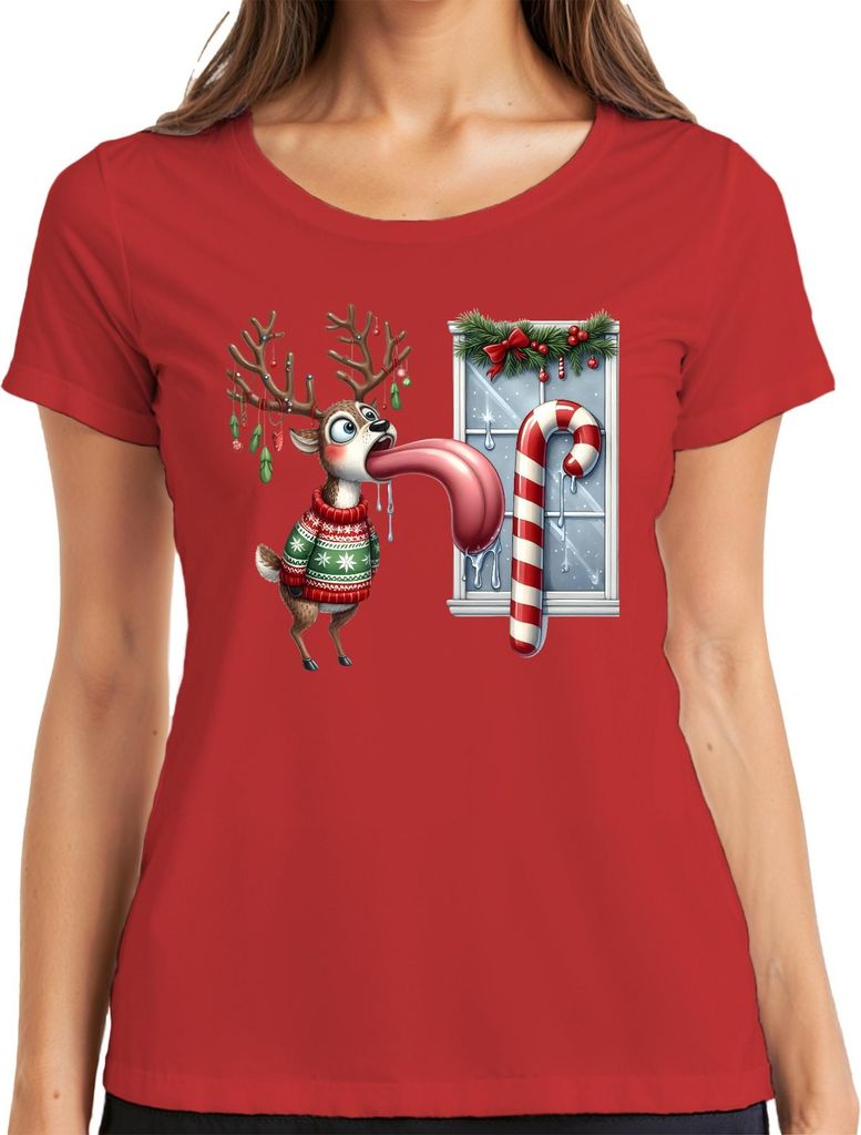 Weihnachtsrentier lange Zunge Zuckerstange lustig Eiszapfen ugly Damen T-Shirt, Rot, 3XL