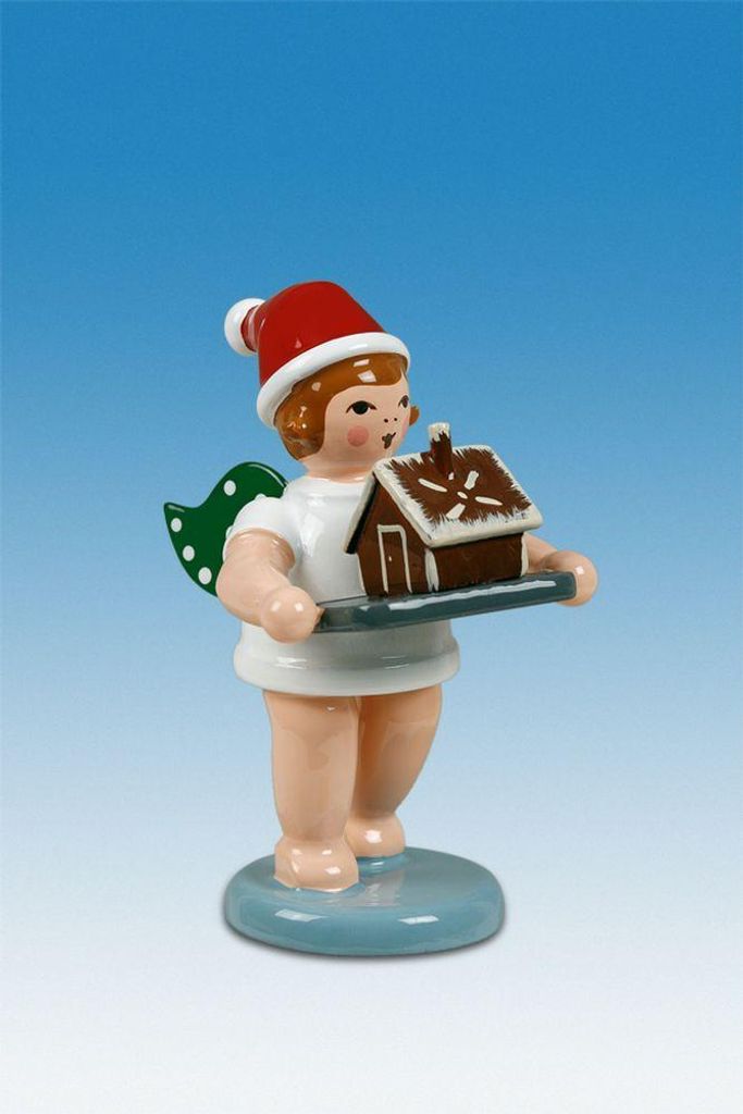 Holzfigur Bäckerengel mit Pfefferkuchenhaus und Mütze Höhe 6cm NEU