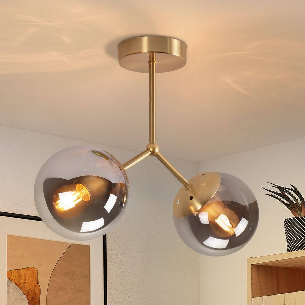 ZMH deckenlampe Glas Deckenleuchte Flur Vintage E27 Decke in Gold Kugelglas Deckenbeleuchtung 2 flammig Industrial Flurlampe Metall Ohne Leuchtmittel