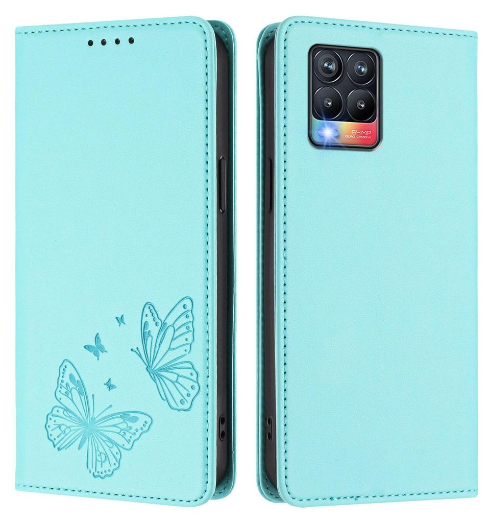Lederhülle für Realme 8 4G/Realme 8 Pro 4G, Schmetterling Prägung Leder Brieftasche Schutzhülle mit Ständer Türkis