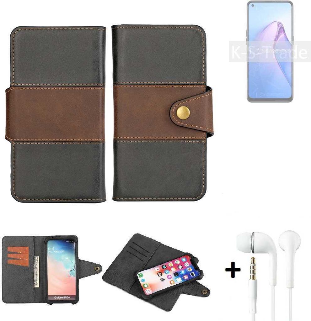 K-S-Trade Handyhülle Schutzhülle Bookstyle Wallet-Case kompatibel mit Oppo Reno8 Z 5G + earphones Bumper rundumschutz schwarz-braun 1x