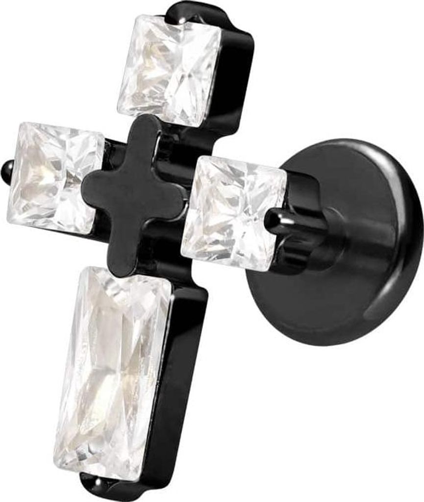 Ohrpiercing, Nasenpiercing Titan Labret mit Innengewinde KRISTALLKREUZ Schwarz Stablänge: 10mm | Stabstärke: 1,6mm