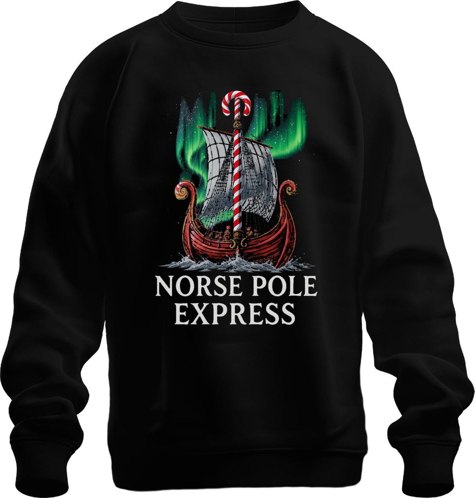 Norse Pole Express Weihnachtsgeschenk Wikinger Nordlicht lustig Uni Sweatshirt Pullover, Schwarz, XXL