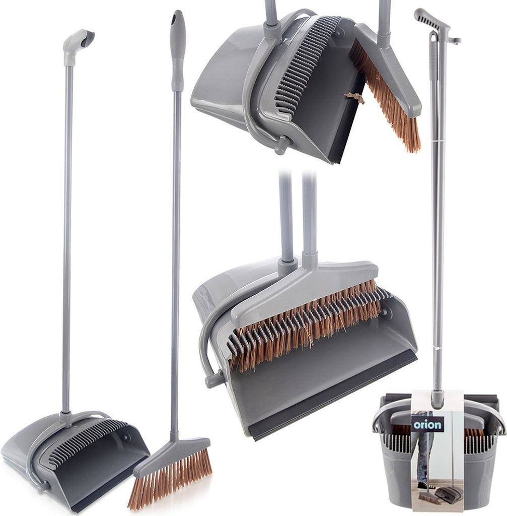 A collage of images showing a gray broom and dustpan cleaning set from different angles, including a close-up and a packaged view.
