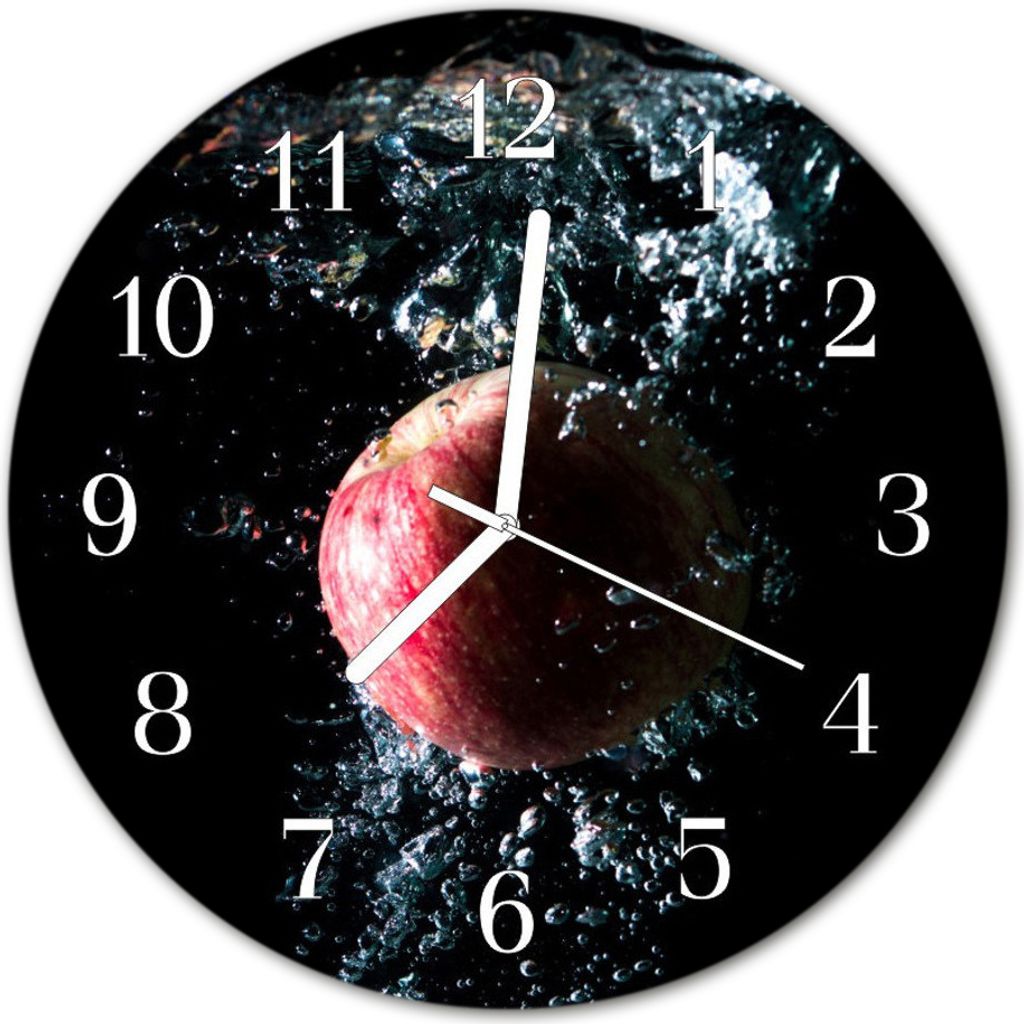 Glasuhr Wanduhr Küchenuhr Echt-Glas 30fi cm Apfel schwarz