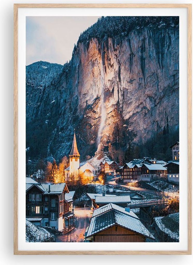 Gerahmtes Poster - Rahmen in heller Eiche - Lauterbrunnen Schweiz Tal - 70x100 cm - Wand Bild - Wanddeko - Wandbilder - Kunstposter - Wandposter - ...