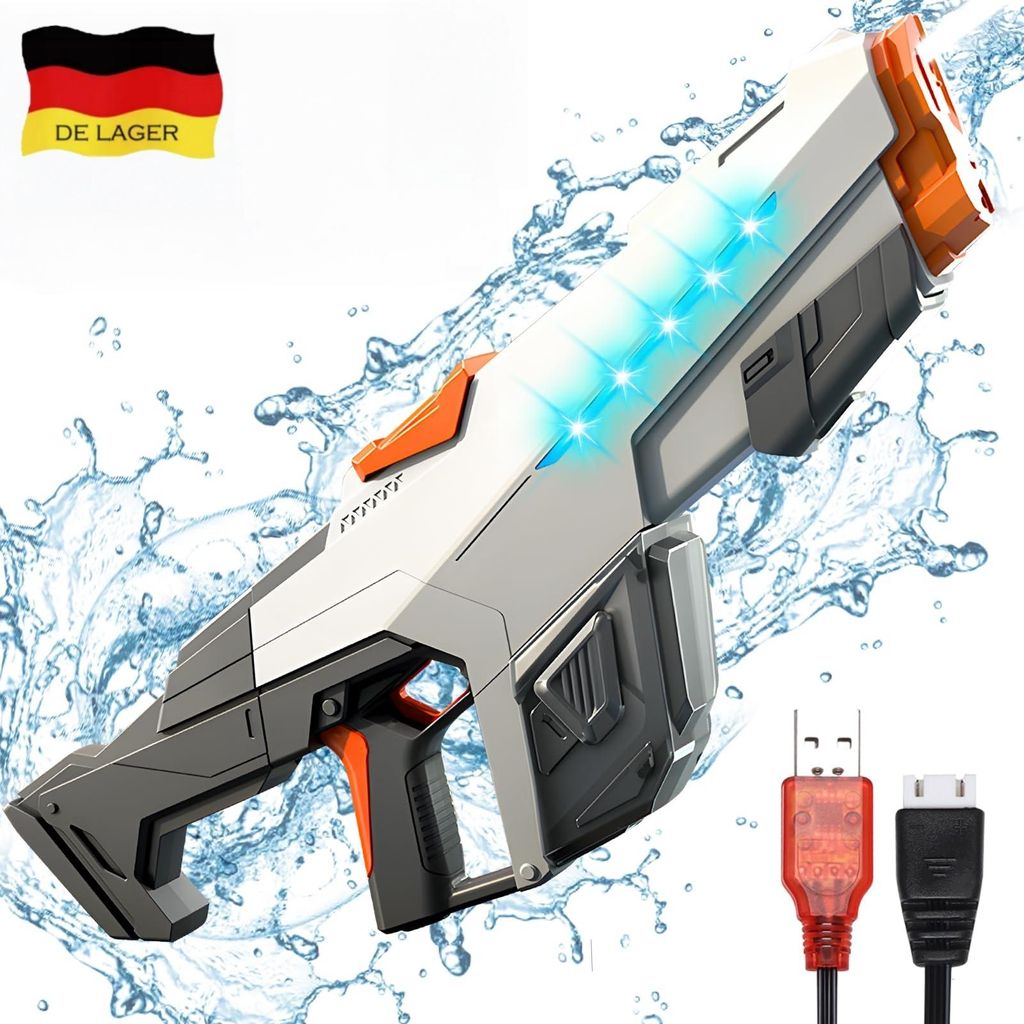 Wasserpistole Elektrisch, EIN-Knopf-Automatik Wasserspritzpistole, Wasserpistole Große Reichweite mit Licht, Automatische Wasserpistole (Grau)