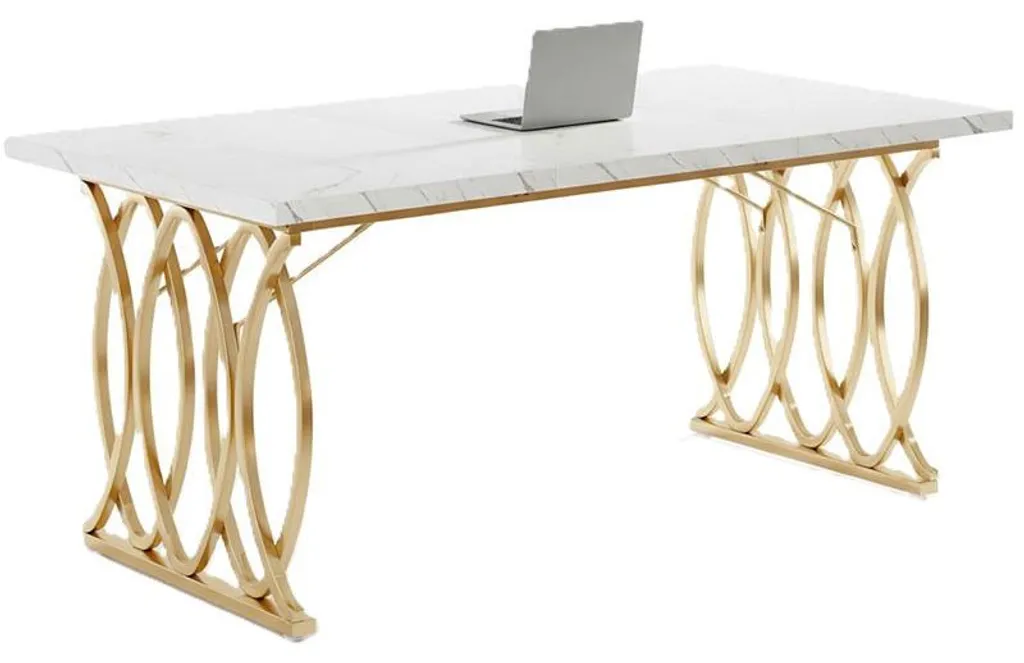 Bureau Design Blanc Finition Dorée 157cm - Structure Métallique Stable