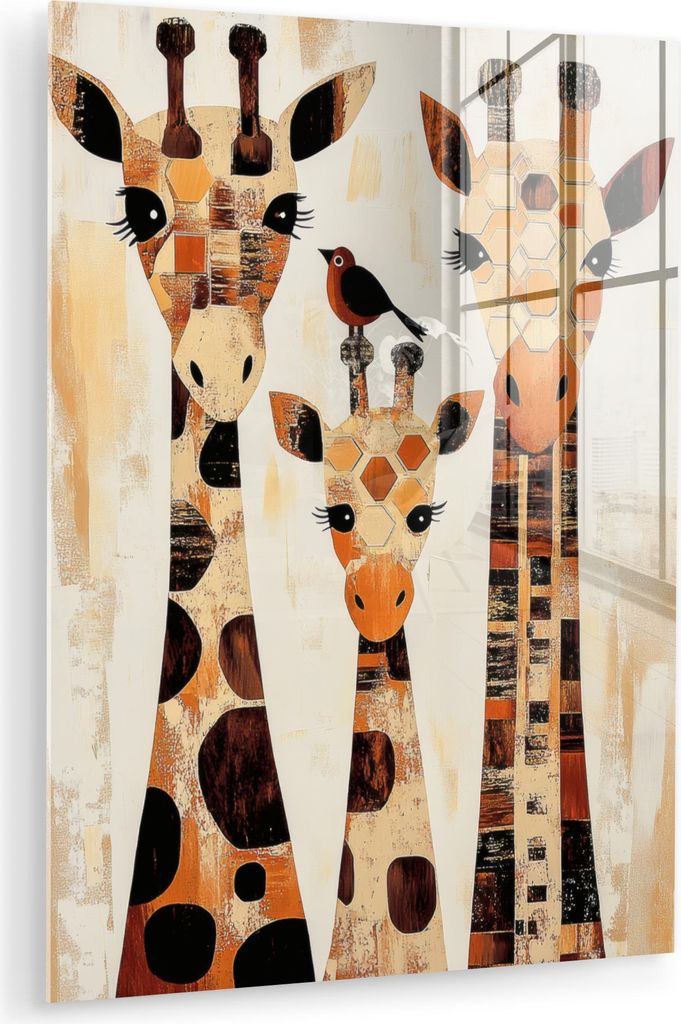 MuchoWow Glasbilder - Bilder auf Wandbild - Foto auf Glas Giraffen - Cartoon - Creme 60x80 cm Wanddekoration aus Glas - Acrylglasbild - Acrylbilder...