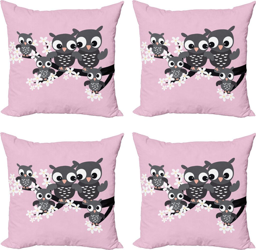 ABAKUHAUS Eule Drucken Kissenbezug Set (4 Stück), Familie auf einem Ast, Moderner Doppelseitiger Digitaldruck, 45 cm x 45 cm, Baby Pink Dunkelgrau
