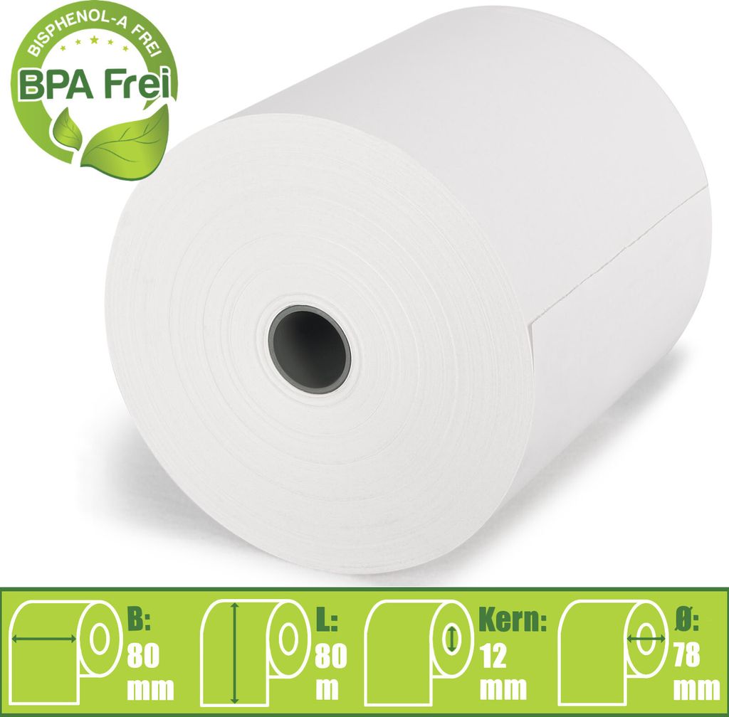 50 x Thermorollen 80mm x 80m x 12mm Kassenrollen Bonrollen Produktbild