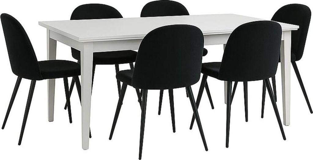 Venedig Essgruppe Tisch weiß 95x180/276 mit 2 Stk. Zusatzplatten 6 Stühlen Velour schwarz.