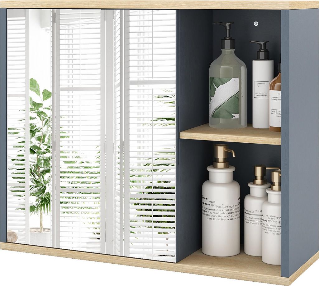 COSTWAY Badschrank mit Spiegel, wandmontierter Badezimmerschrank mit Spiegeltür, Wandschrank mit verstellbarem Regal & Seitenfächer, Spiegelschrank