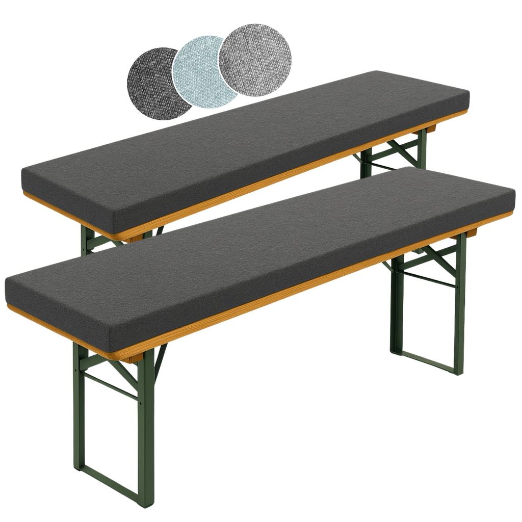 Two dark gray bench cushions are shown on top of two beer benches, with three circular swatches of different colored cushions in the background.