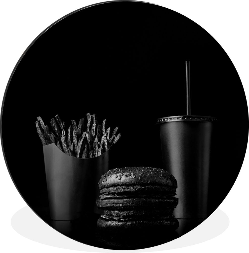 MuchoWow Aluminium Wandkreis Fastfood-Mahlzeit mit Burger und Pommes frites in Schwarz-Weiß Ø 90 cm Wanddeko Modern Wohnzimmer - Mauerkreis - W...