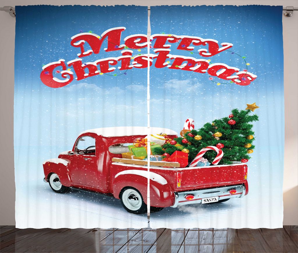 ABAKUHAUS Weihnachten Rustikaler Gardine, Pickup Truck verzieren, Schlafzimmer Kräuselband Vorhang mit Schlaufen und Haken, 280 x 225 cm, Mehrfarbig