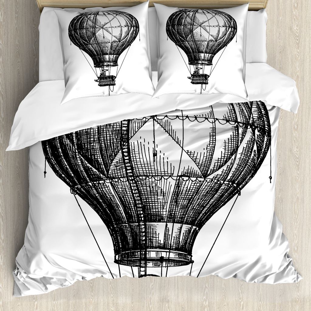 ABAKUHAUS Skizzenhaft Bettbezug, Ballon in den Himmel, Milbensicher Allergiker geeignet mit Kissenbezügen, 155 cm x 220 cm - 80 x 80 cm, Schwarz-W...