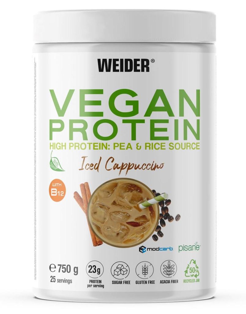Weider Vegan Protein (750g) Cappuccino-Geschmack. 23g Protein/Dosis, Erbsenisolat (Pisane) & Reisproteine. Mit Vitamin B12 und Stevia. Glutenfrei, zuc