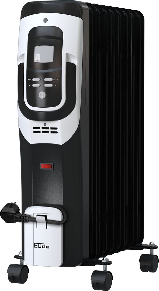 A black and white oil-filled radiator with a digital display and controls.