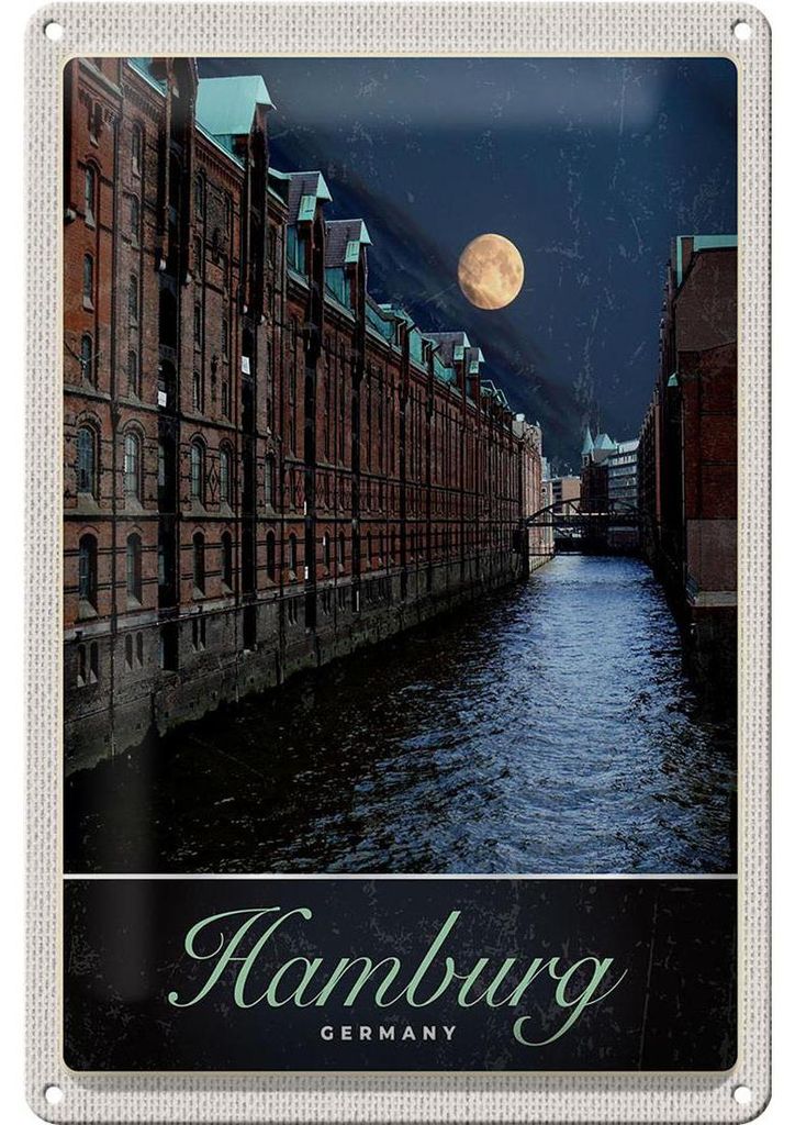 Blechschild Reise 20x30cm Hamburg Deutschland Fluss Nacht Trip