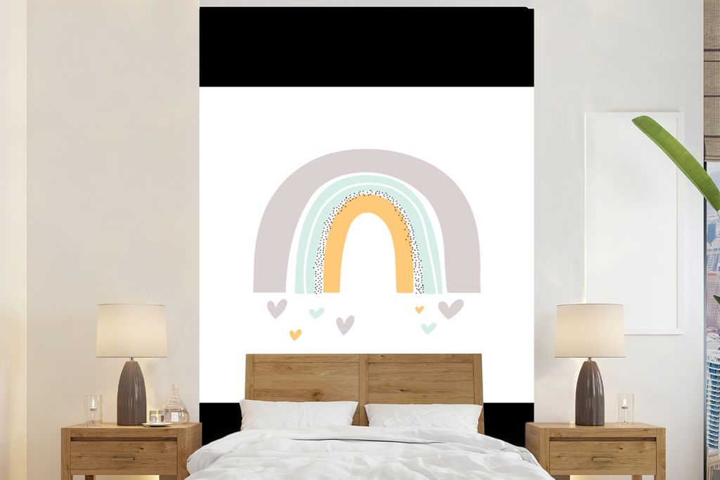 MuchoWow Fototapete für Wohnzimmer oder Schlafzimmer Wandtapete Vinyl Motivtapete Regenbogen - Herzen - Mädchen - Jungen - Pastellfarben - 225x...