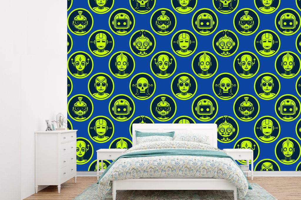 MuchoWow Fototapete für Wohnzimmer oder Schlafzimmer Wandtapete Vinyl Motivtapete Muster - Roboter - Gelb - Blau - Jungen - Kinder - Kleiner Jun...
