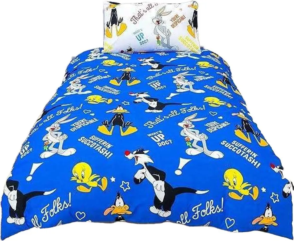 Looney Tunes Parure de Lit Réversible TC169 Bleu Blanc Jaune Lit Simple