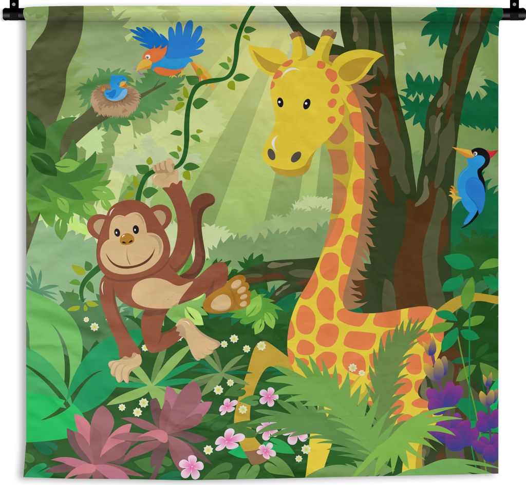 MuchoWow Wandteppich Wandbehang Tropisch - Landschaft - Dschungeltiere - Mädchen - Baby - Kinder 90x90 cm Tapisserie Dekoration Wandtuch - Wanda...