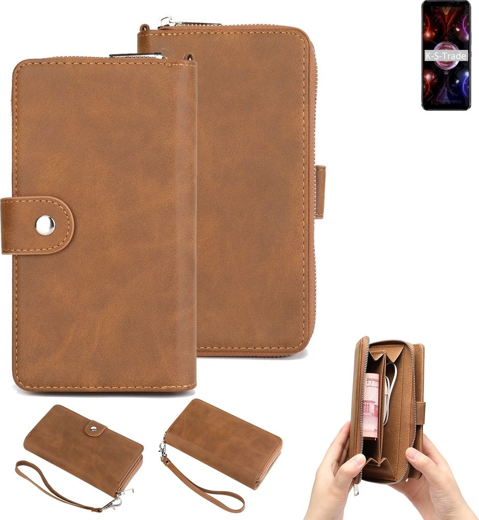 K-S-Trade Handyhülle Schutzhülle kompatibel mit Asus ROG Phone 5s Pro & Portemonnee Tasche Handytasche Case Etui Geldbörse Wallet braun (1x)