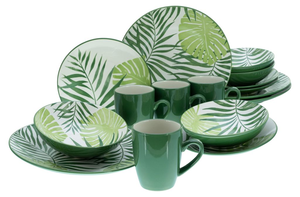 A set of dinnerware with a tropical leaf pattern.
