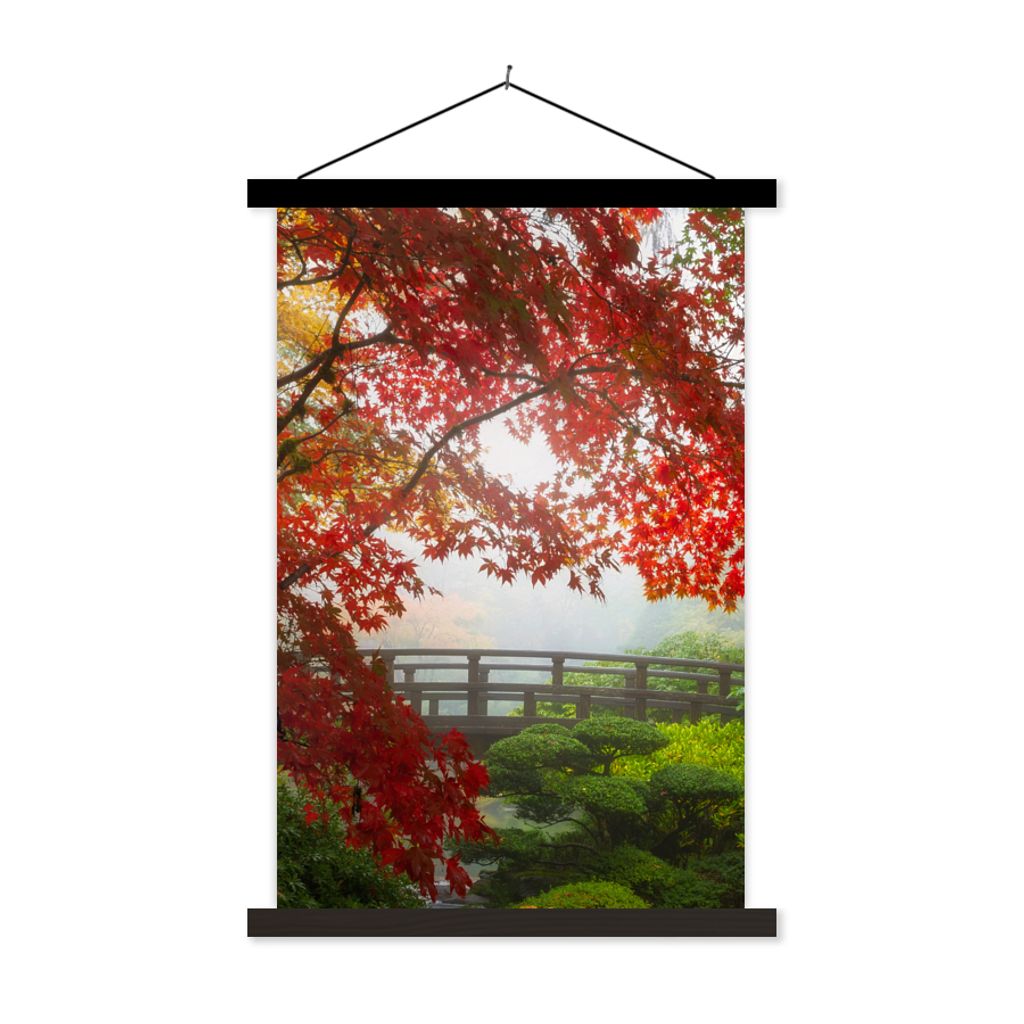 MuchoWow Textilposter Japanischer Ahorn - Bäume - Brücke - Natur - Japanisch 60x90 cm mit schwarzem Rahmen - Poster Wohnzimmer