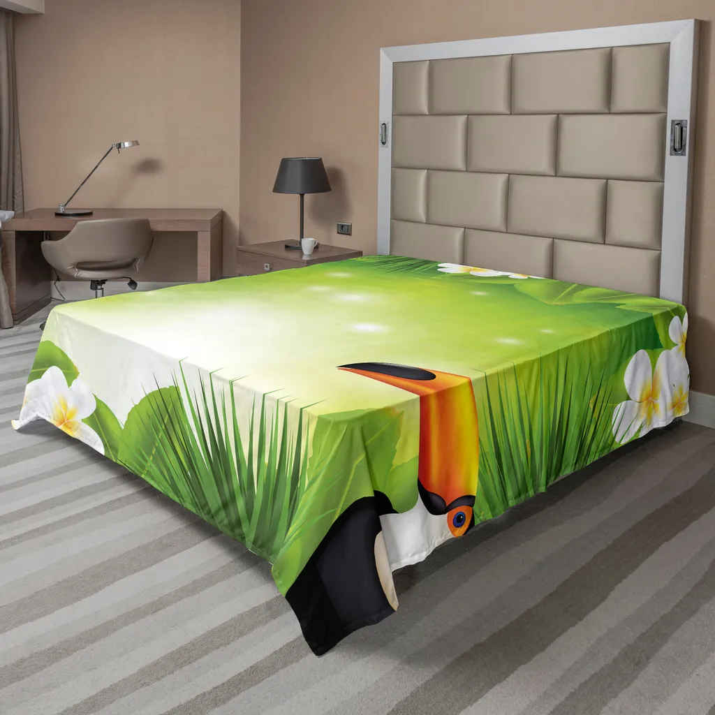ABAKUHAUS Lenzuolo tropicale con animali, uccelli tucani, piante esotiche macro, colori freschi, design naturale, lenzuolo morbido e confortevole per un letto decorativo, 1 pezzo, 260 cm x 228 cm, verde giallo