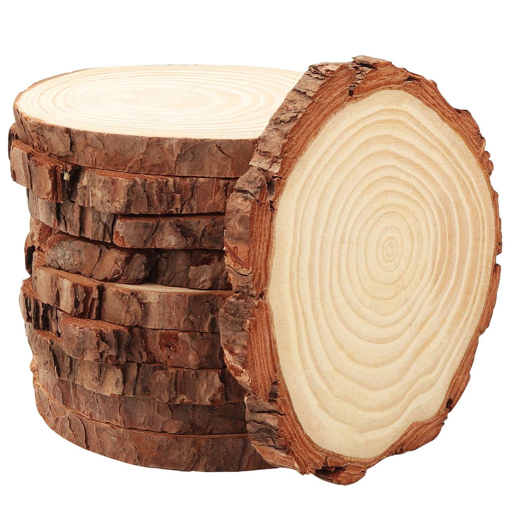 Kurtzy 10Stk Naturbelassene Holzscheiben - Unbehandelte Baumstamm Scheiben Rund mit 10-11cm Durchmesser 10mm dick, Rustikale Holzplatten Natur mit Rinde für DIY, Deko, Basteln, Hochzeit, Weihnachten