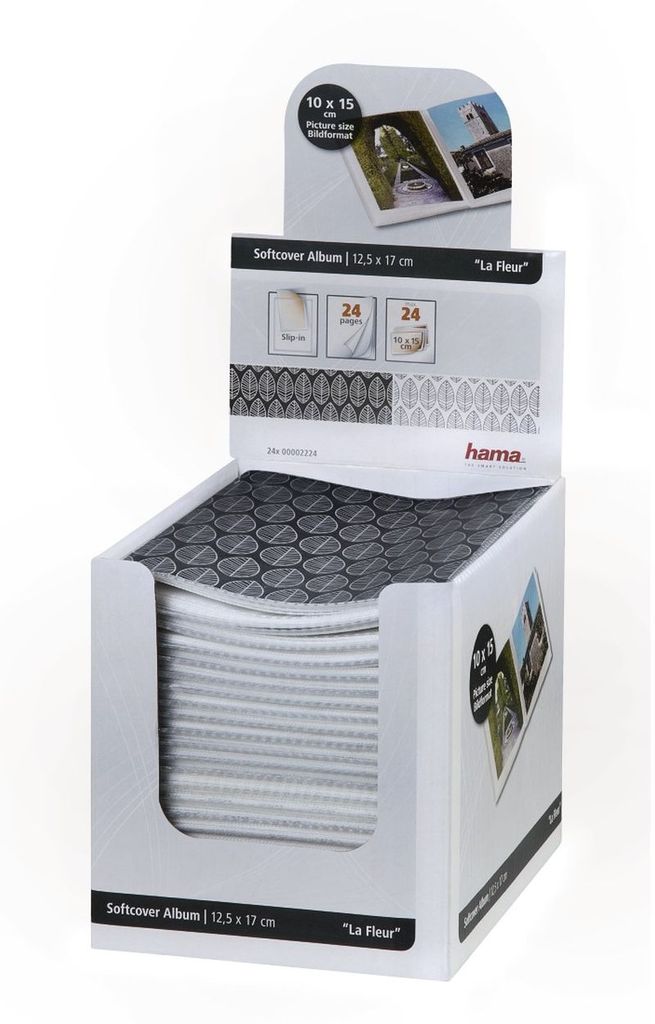 A display box of Hama softcover photo albums.
