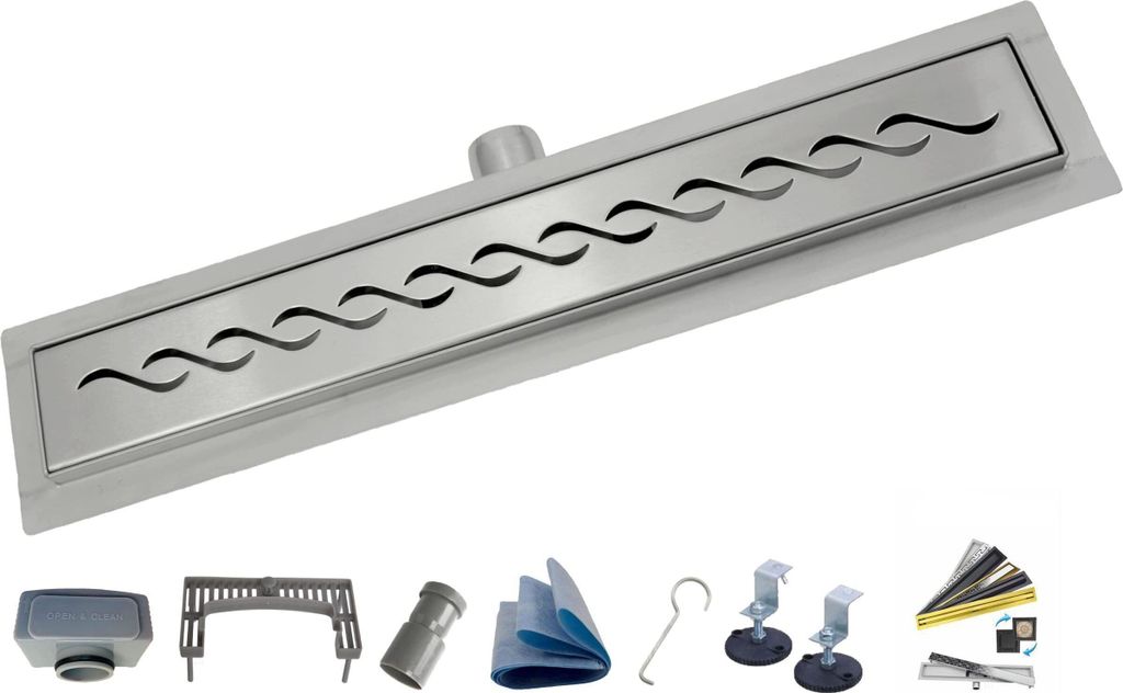 AQUA HEATING linearer Edelstahl-Bodenablauf superflach Komplettset für Badezimmer mit bodengleicher Dusche, Duschrinne Ablaufgarnitur-Set, Duschab...