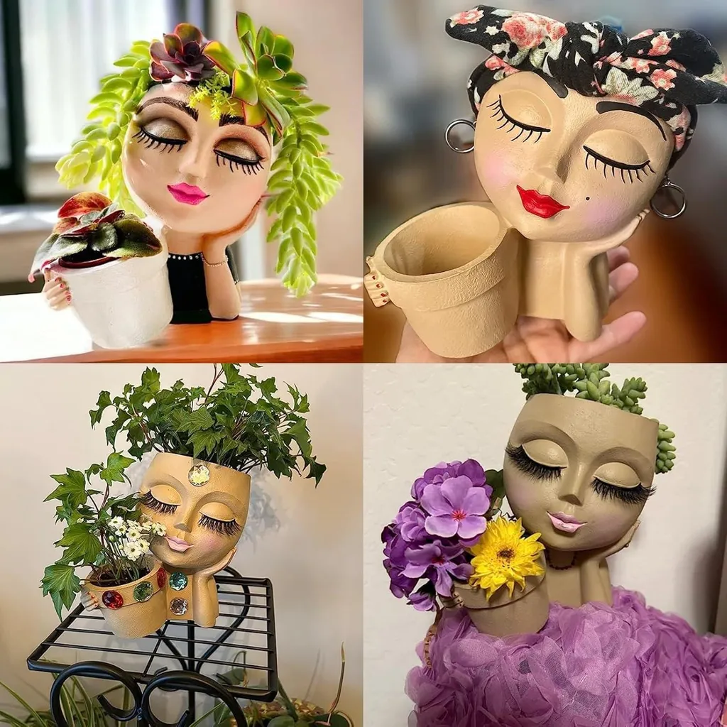 Cache-pot visage avec deux compartiments design artistique 18cm gris