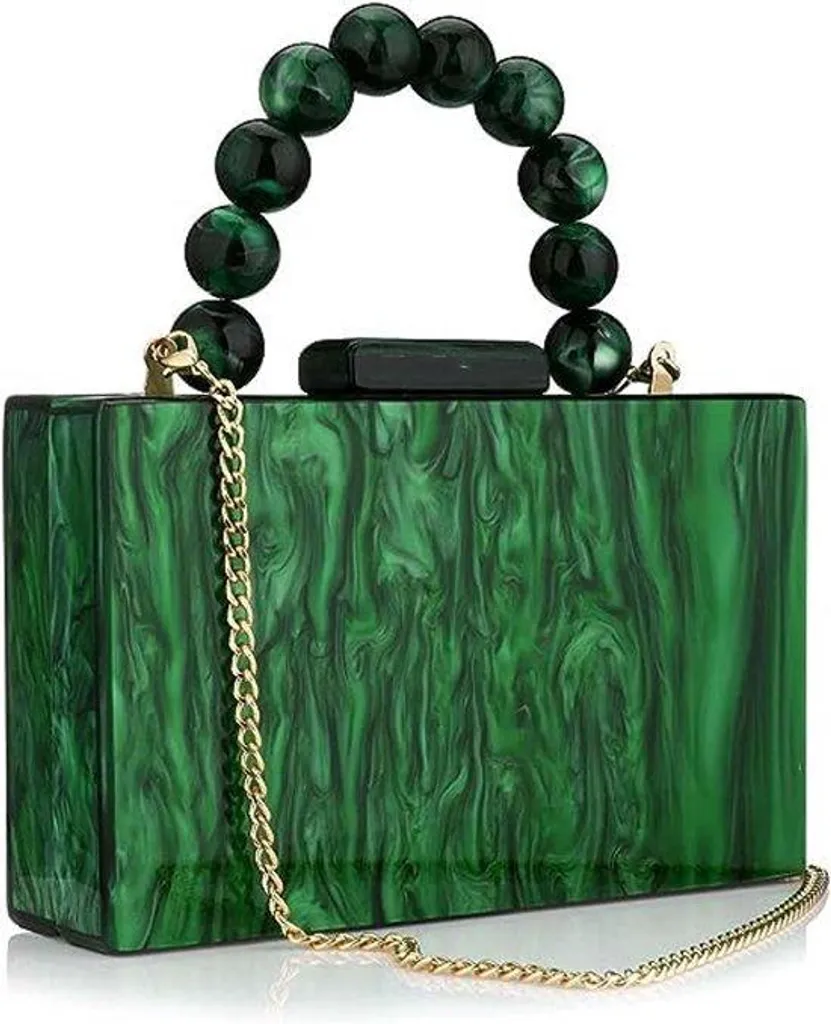 Sac à main en acrylique vert foncé avec motif marbré et chaîne de perles