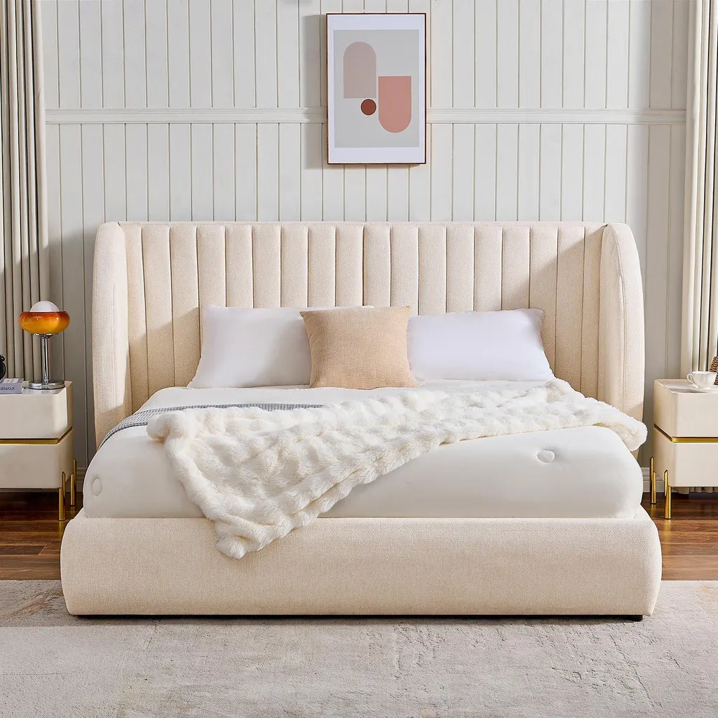 Lit Double avec Coffre de Rangement 160x200 et Tête de Lit Cocon Beige