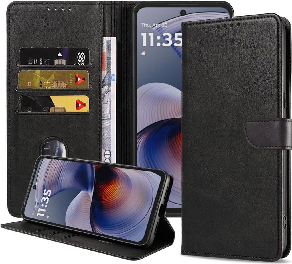 Geeignet für Motorola Moto G55 Handytasche Kunstleder mit Magnetlippe und Kartenhalter Buchhülle mit Klappe - Wallet Case mit Kartenfach - Schwar...