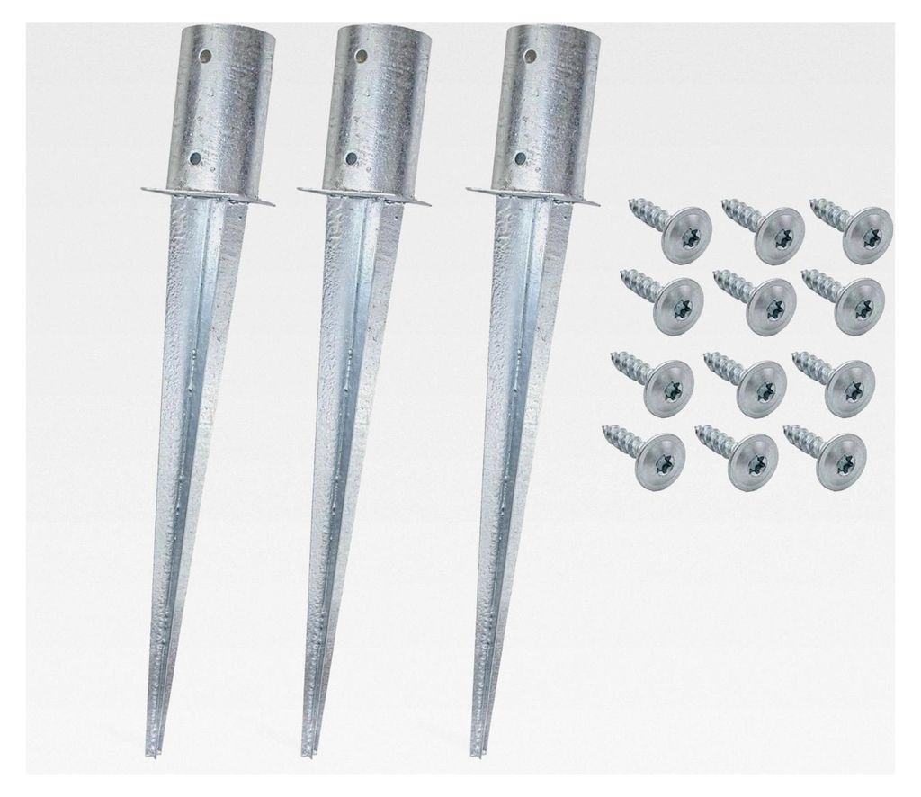 3 Stück Einschlaghülsen/Bodenhülsen rund (81 mm) inkl. Schrauben, silber verzinkt, für gefräste und teilgefräste Pfosten