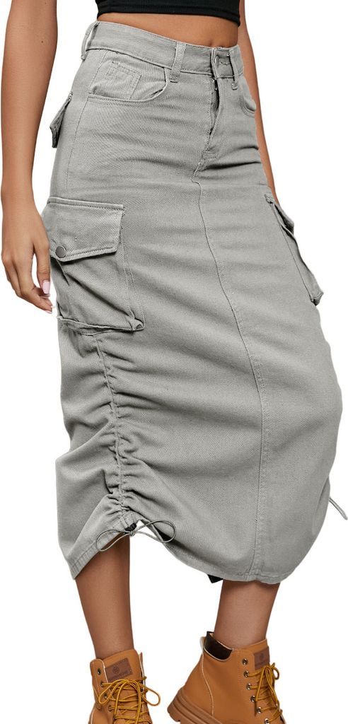 ASKSA Damen Y2K Cargo Roecke Jeans Bleistiftrock High Waist Elegant Kordelzug Midi Rock mit Taschen, Hellgrau, L