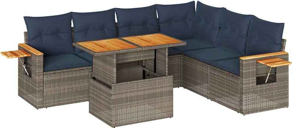 7-tlg. Garten-Sofagarnitur mit Kissen Grau Poly Rattan Akazie