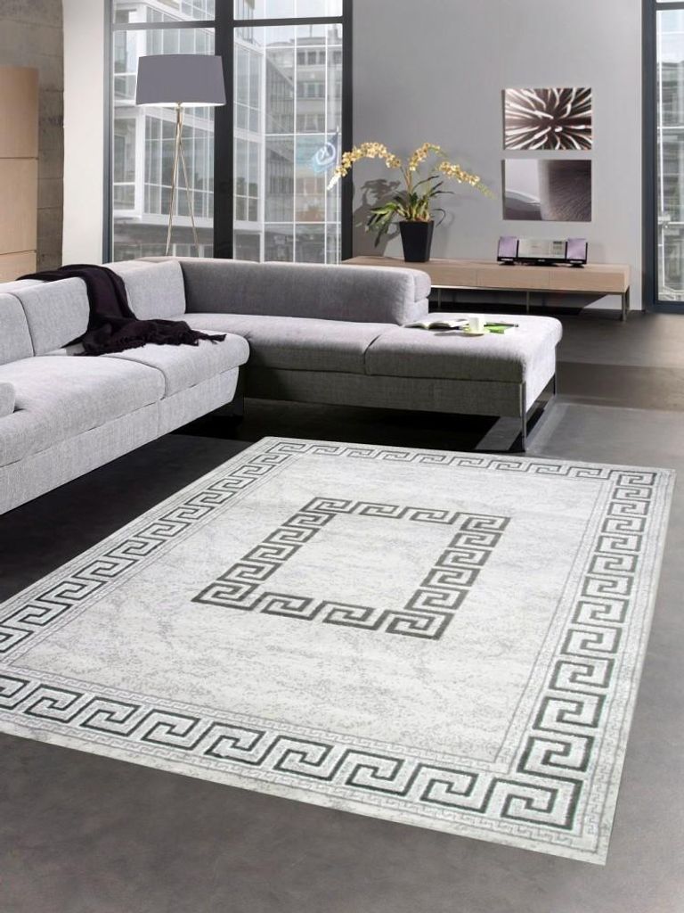Teppich Wohnzimmerteppich Mäander Muster mit Glitzer grau Größe - 80 x 300 cm