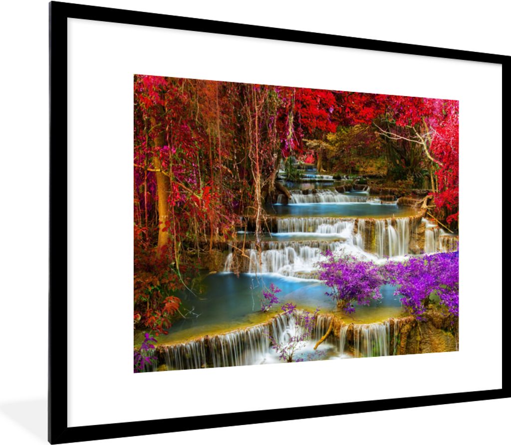 MuchoWow Gerahmtes Poster Wasserfall - Rosa - Bäume 80x60 cm - Poster mit Schwarzem Bilderrahmen Wandposter Rahmen Foto Bilder - Schlafzimmer-De...
